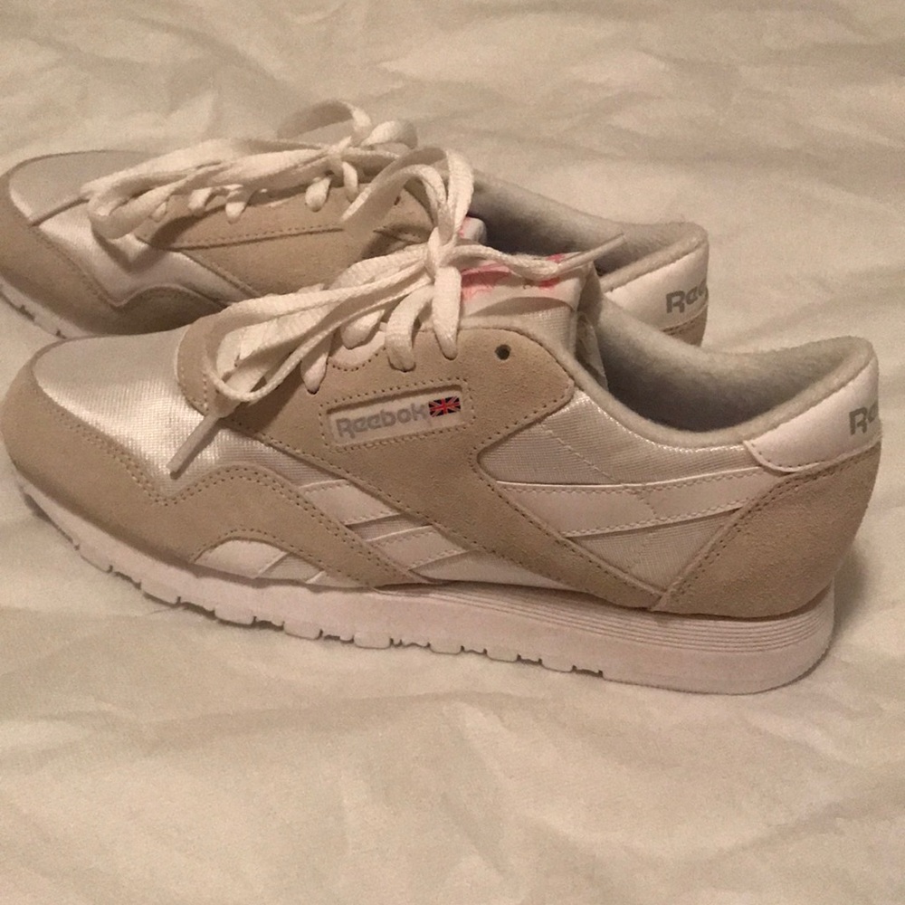 Reebok white and creamy tan sneakers